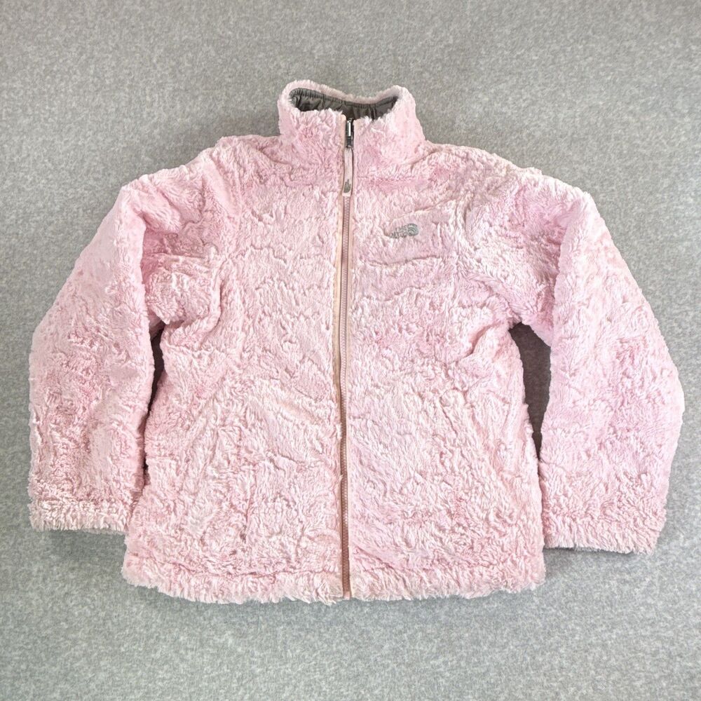 The North Face Girls Reversible Mossbud Swirl Fleece Jacket Pink Cozy Warm Zip L